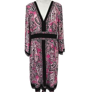 INC International Concepts Pink Paisley V Neck Dress Long Sleeve Size L Midi